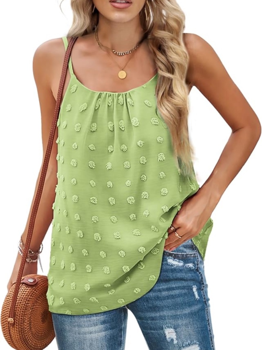 XIEERDUO Green Tank Top Adjustable Spaghetti Strap Camisole Sleeveless Pom Pom-L